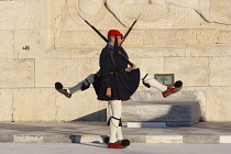 Greece, Attica, Athens, Evzones Greek soldiers on parade outside the Parliament building.