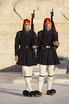 Greece, Attica, Athens, Evzones Greek soldiers on parade outside the Parliament building.