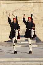 Greece, Attica, Athens, Evzones Greek soldiers on parade outside the Parliament building.