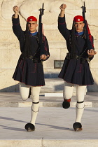 Greece, Attica, Athens, Evzones Greek soldiers on parade outside the Parliament building.