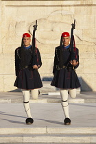 Greece, Attica, Athens, Evzones Greek soldiers on parade outside the Parliament building.
