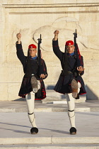 Greece, Attica, Athens, Evzones Greek soldiers on parade outside the Parliament building.