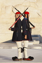 Greece, Attica, Athens, Evzones Greek soldiers on parade outside the Parliament building.