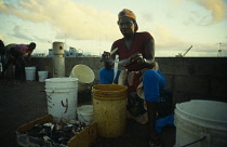 West Indies, Barbados, Bridgetown, Flying fish vendor on the quay.