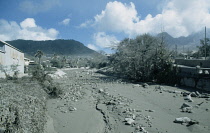 West Indies, Monserrat, Plymouth, Town buildings covered in layer of volcanic ash after 1997 eruption.