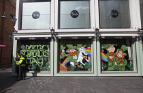 Ireland, North, Belfast, Cathedral Quarter, Exterior of the Thirsty Goat bar decorated for St Patricks Day.