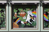 Ireland, North, Belfast, Cathedral Quarter, Exterior of the Thirsty Goat bar decorated for St Patricks Day.