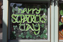 Ireland, North, Belfast, Cathedral Quarter, Exterior of the Thirsty Goat bar decorated for St Patricks Day.