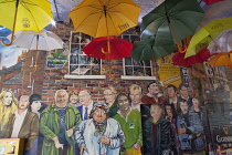 Ireland, North, Belfast, Cathedral Quarter, Decorated walls in Commercial Court.