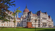 Hungary, Budapest, Hungarian Parliament Building with Statue of Rakoczi Ferenc 2nd or Francis Rakoczi 2nd.