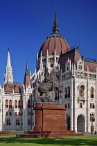 Hungary, Budapest, Hungarian Parliament Building with Statue of Rakoczi Ferenc 2nd or Francis Rakoczi 2nd.