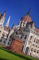 Hungary, Budapest, Hungarian Parliament Building with Statue of Rakoczi Ferenc 2nd or Francis Rakoczi 2nd.