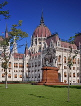 Hungary, Budapest, Hungarian Parliament Building with Statue of Rakoczi Ferenc 2nd or Francis Rakoczi 2nd.