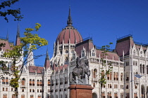 Hungary, Budapest, Hungarian Parliament Building with Statue of Rakoczi Ferenc 2nd or Francis Rakoczi 2nd.