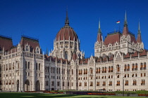 Hungary, Budapest, Early morning light on the rear of the Hungarian Parliament Building.