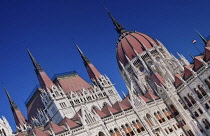 Hungary, Budapest, Angular view of the dome of the Hungarian Parliament Building.