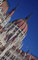 Hungary, Budapest, Angular view of the dome of the Hungarian Parliament Building.