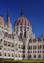 Hungary, Budapest, Early morning light on the rear of the Hungarian Parliament Building.