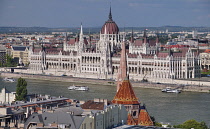 Hungary, Budapest, View across the River Danube to the Hungarian Parliament Building from Fishermans Bastion on Castle Hill.