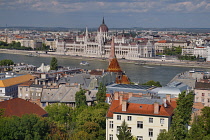 Hungary, Budapest, View across the River Danube to the Hungarian Parliament Building from Fishermans Bastion on Castle Hill.