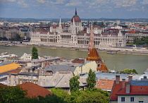 Hungary, Budapest, View across the River Danube to the Hungarian Parliament Building from Fishermans Bastion on Castle Hill.