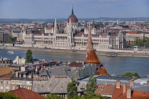 Hungary, Budapest, View across the River Danube to the Hungarian Parliament Building from Fishermans Bastion on Castle Hill.