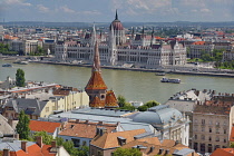 Hungary, Budapest, View across the River Danube to the Hungarian Parliament Building from Fishermans Bastion on Castle Hill.