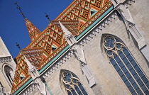 Hungary, Budapest, Matthias Church, Detail of the colourful majolica roof tiles.