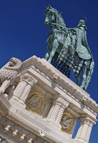 Hungary, Budapest, Statue of King Saint Stephen founder of the Hungarian state on horseback at the Matthias Church,