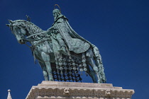 Hungary, Budapest, Statue of King Saint Stephen founder of the Hungarian state on horseback at the Matthias Church,