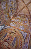 Hungary, Budapest, Matthias Church, Interior detail of the colourful walls and ceiling.