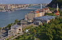 Hungary, Budapest, View of the River Danube from Buda Castle towards Elisabeth and Liberty Bridges with the Castle Garden Bazaar in the immediate foreground.