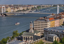 Hungary, Budapest, View of the River Danube from Buda Castle towards Elisabeth and Liberty Bridges with the Castle Garden Bazaar in the immediate foreground.