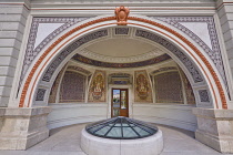 Hungary, Budapest, Castle Hill, Detail of the newly renovated Varkert Bazaar (Castle Garden Bazaar), a Neoclassical building complex on the western bank of the River Danube.