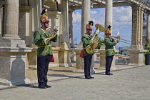 Hungary, Budapest, Castle Garden Bazaar, Zenelo Budapest bandsmen providing free music concerts at tourist locations all over the city.