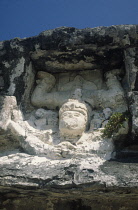 Mexico, Yucatan, Tulum, Detail of diving God carving.