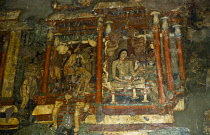 India, Maharashtra, Ajanta Caves, Detail of wall painting in Buddhist cave.