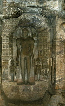 India, Karnataka, Badami, Carvings in Jain cave temple.