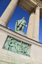 Hungary, Budapest, Heroes Square, The Millennium Colonnade, Statue of Matthias 1 Corvinus a 15th century Hungarian king.