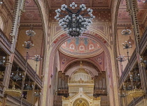 Hungary, Budapest, Dohany Street Great Synagogue, the interior with chandeliers and the dome.