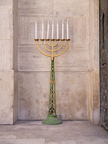 Hungary, Budapest, Dohany Street Great Synagogue, Menorah in the courtyard at the synagogue.
