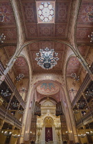 Hungary, Budapest, Dohany Street Great Synagogue, the interior with chandeliers and the Ark.