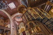 Hungary, Budapest, Dohany Street Great Synagogue, the interior with chandeliers and the Ark with a pulpit to the right.