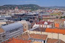 Hungary, Budapest, View from the dome of St Stephens Basilica with the Hungarian Parliament to the left and the green and yellow roof of the Secessionist Royal Postal Savings Bank on the right.