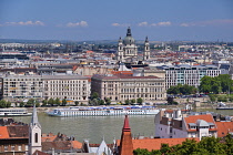 Hungary, Budapest, River Danube with St Stephens Basilica as seen from Castle Hill.