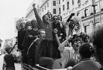 England, London, Gay Pride parade, Pall Mall, 1979, 30 June, demonstrators, peaceful protest. Ford Transit carnival float.