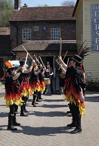 England, East Sussex, Lewes, Blackpowder Morris Dancers outside the Dorset Pub on Malling Street.