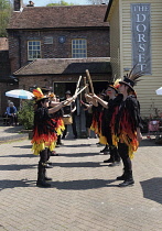 England, East Sussex, Lewes, Blackpowder Morris Dancers outside the Dorset Pub on Malling Street.