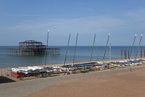 England, East Sussex, Brighton, Steel ruins of the former West Pier on the seafront.