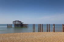 England, East Sussex, Brighton, Steel ruins of the former West Pier on the seafront.